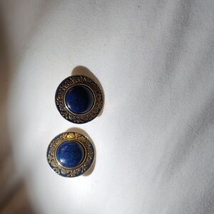 MFA Museum of Fine Arts Boston Signed Clip-On Earrings Gold Tone Blue Enamel